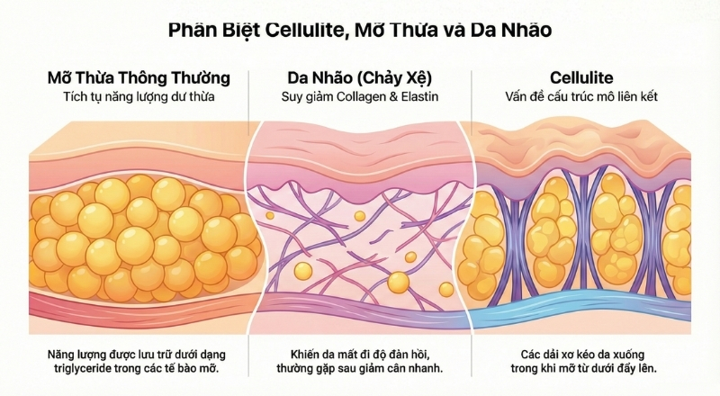 Cellulite khác mỡ thừa và da nhão do liên quan cấu trúc mô liên kết