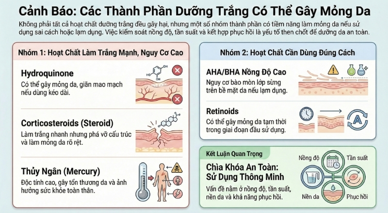 hoạt chất dưỡng trắng có thể làm mỏng da nếu dùng sai cách