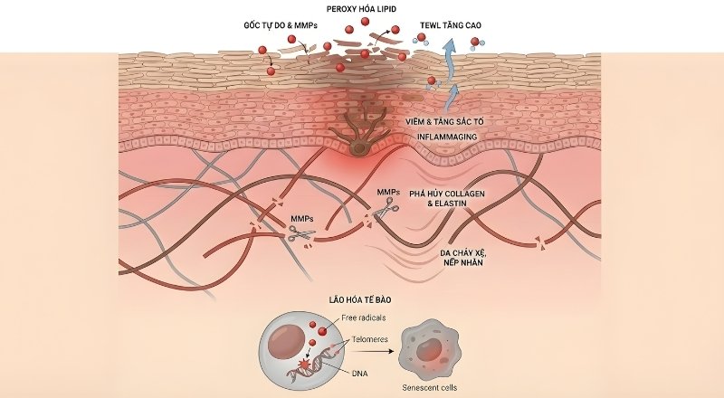 Stress oxy hóa phá hủy cấu trúc da, kích hoạt viêm và đẩy nhanh lão hóa