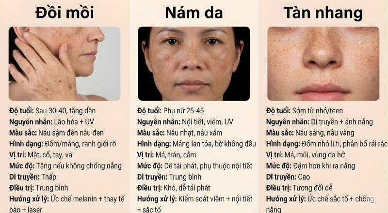 Đồi mồi, nám và tàn nhang có đặc điểm hình thành và tiến triển riêng biệt