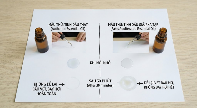 Thử trên giấy trắng giúp phân biệt tinh dầu bay hơi và dầu pha
