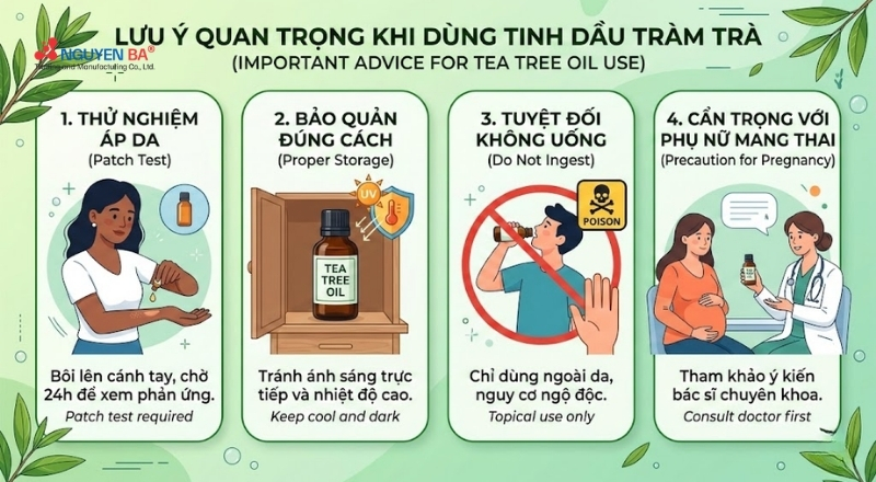 Sử dụng tinh dầu tràm trà cần tuân thủ nguyên tắc an toàn và thử nghiệm trước