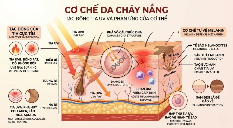 Cháy nắng là phản ứng da trước tia UV gây viêm và tăng sắc tố