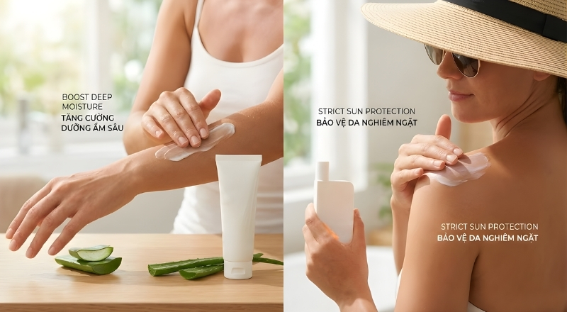 Phục hồi da cháy nắng cần dưỡng ẩm sâu và chống nắng nghiêm ngặt