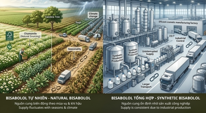 Bisabolol tự nhiên phụ thuộc nguồn thực vật, còn tổng hợp chủ động nguồn cung
