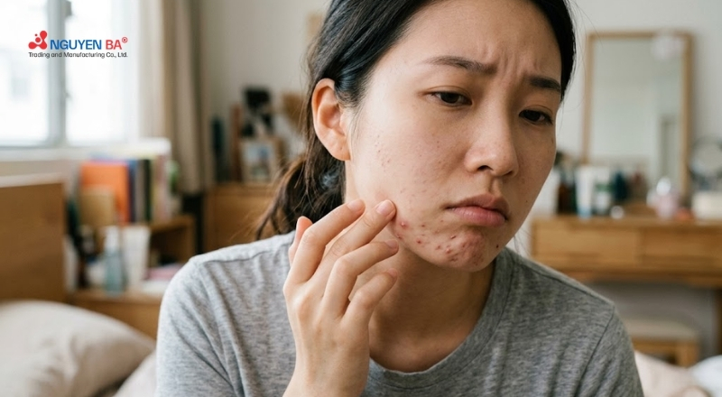 Mụn nội tiết hình thành do rối loạn hormone kích thích tăng tiết bã nhờn