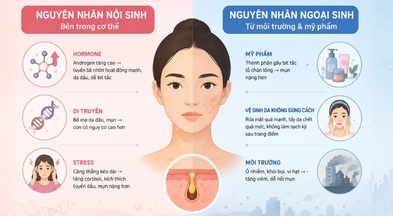 Mụn trứng cá hình thành do nhiều yếu tố như nội tiết, tuyến bã nhờn, vi khuẩn, môi trường và thói quen sinh hoạt
