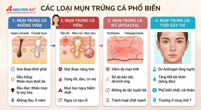 Nhận biết đúng các loại mụn trứng cá giúp lựa chọn phương pháp chăm sóc và điều trị phù hợp