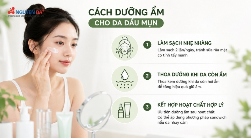Chăm sóc da dầu mụn hiệu quả bắt đầu từ quy trình dưỡng ẩm đúng cách.