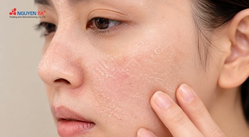 Da khô thường có biểu hiện căng rát, bong tróc và sần ráp do suy giảm khả năng giữ ẩm