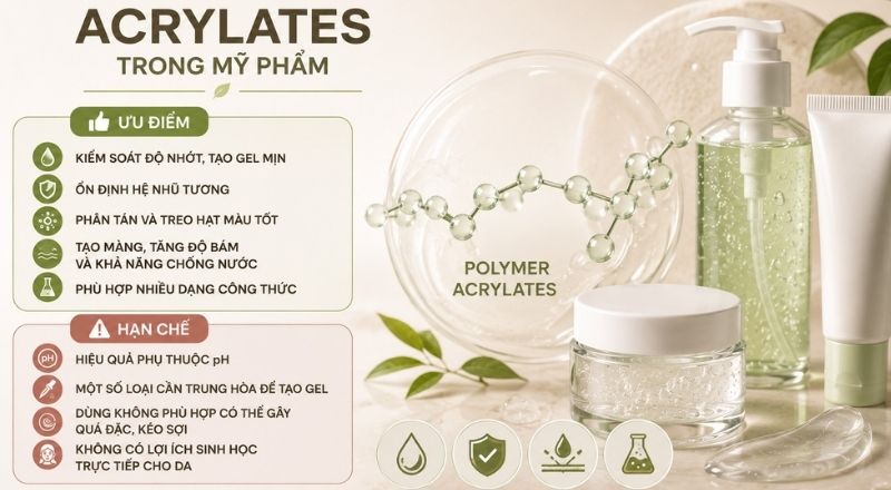 Acrylates là nhóm polymer được sử dụng phổ biến để tạo kết cấu và ổn định mỹ phẩm.