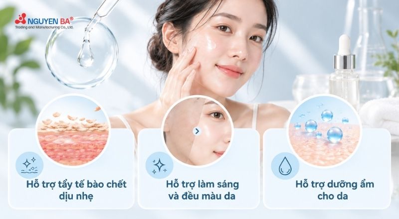 Lactic Acid giúp da thông thoáng, đều màu hơn và mang lại cảm giác mềm mịn, tươi sáng.