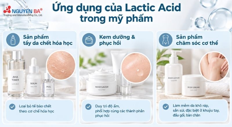 Lactic Acid được dùng trong tẩy da chết và kem dưỡng, sản phẩm chăm sóc da giúp da mịn và ẩm hơn.