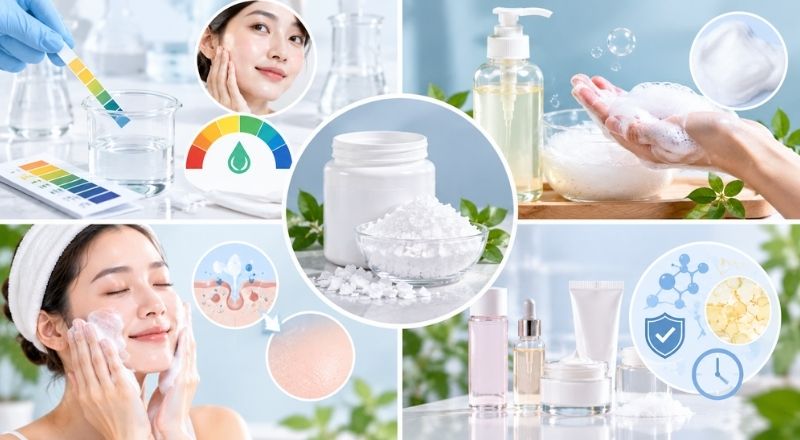 Potassium Hydroxide dùng để điều chỉnh công thức và hỗ trợ tạo xà phòng, sản phẩm làm sạch.