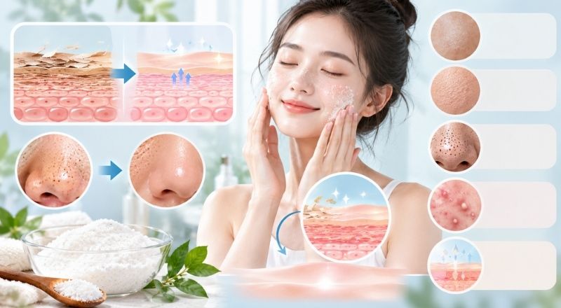 Tế bào chết tích tụ có thể khiến da sần, sậm màu và kém mịn màng hơn.