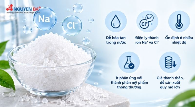 Sodium Chloride có dạng tinh thể màu trắng, dễ tan trong nước và có độ ổn định cao.