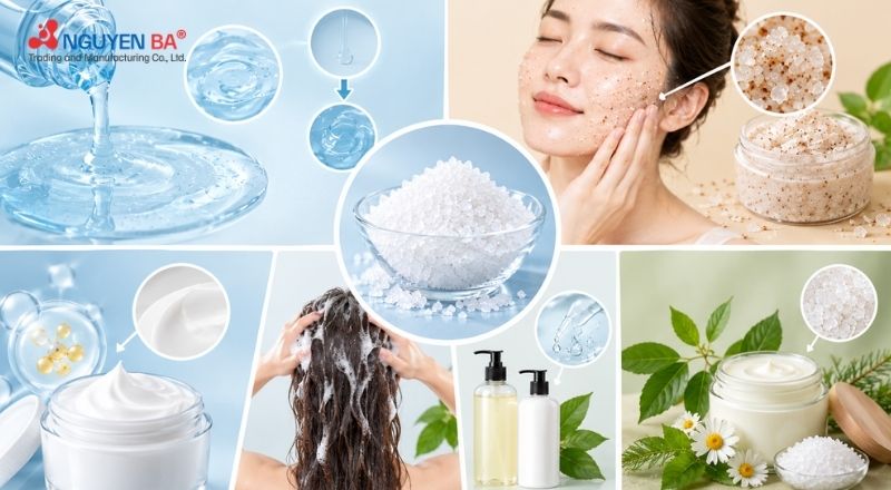 Sodium Chloride giúp điều chỉnh độ đặc, hỗ trợ làm sạch và duy trì kết cấu mỹ phẩm ổn định.