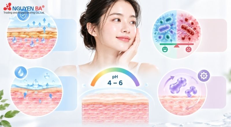 Độ pH phù hợp giúp duy trì cân bằng hệ vi sinh, giữ ẩm và hỗ trợ làn da khỏe mạnh.
