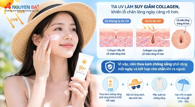 Dùng kem chống nắng giúp bảo vệ collagen, hạn chế lỗ chân lông rõ hơn.