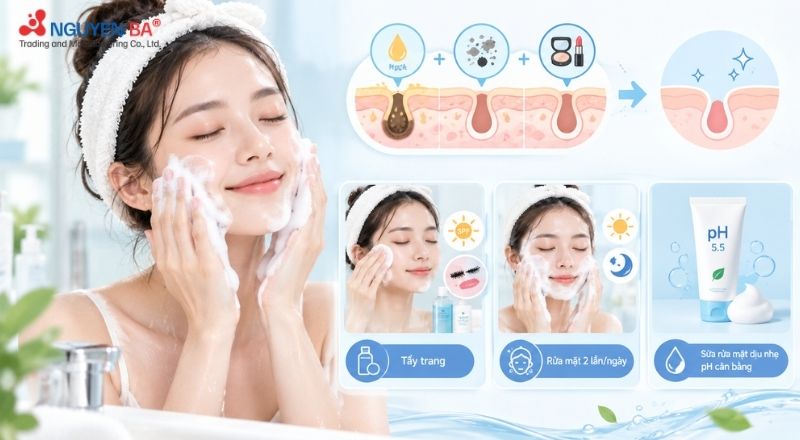 Làm sạch da đúng cách giúp loại bỏ dầu thừa, bụi bẩn và hạn chế bít tắc lỗ chân lông.