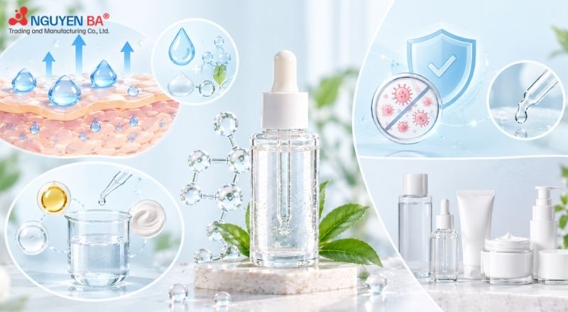 Pentylene Glycol giúp giữ ẩm cho da, hòa tan thành phần và hỗ trợ bảo quản mỹ phẩm.