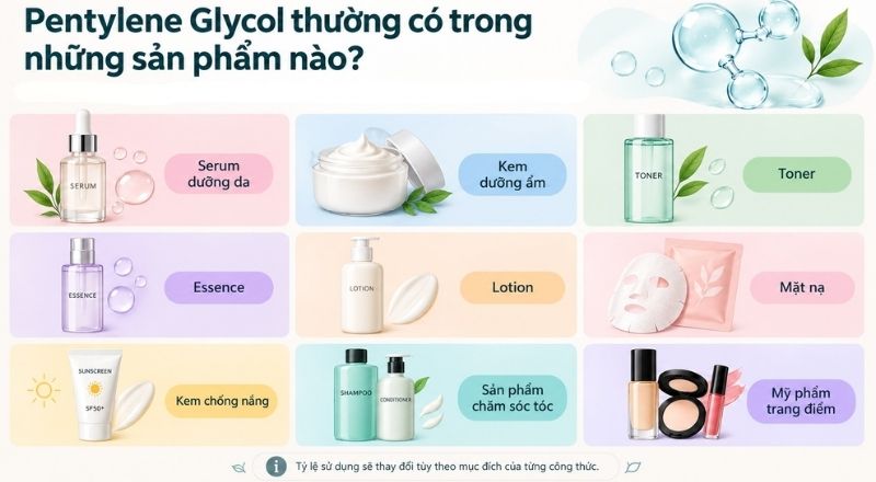 Pentylene Glycol có trong nhiều sản phẩm chăm sóc da, tóc và trang điểm.